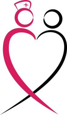 Renkli düz kalp şekilli hemşire ve hasta logosu simgesi beyaz arkaplan, vektör, illüstrasyon