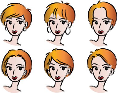 Beyaz arka planda, vektörde, resimde izole edilmiş saç stilleri olan bir dizi güzel kız.