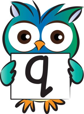 Q harfli şirin baykuş kartı, eğitim konsepti 