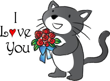 Çiçek buketi tutan sevimli kedi logosu ve beyaz arka planda izole edilmiş seni seviyorum, romantik konsept 