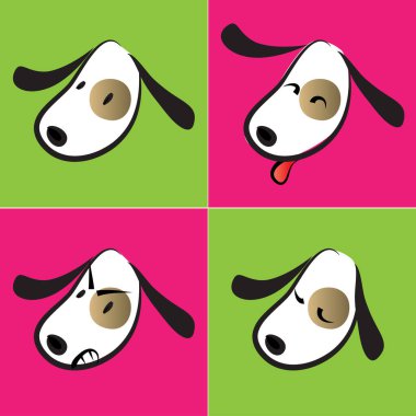 Çizgi filmlerdeki köpek suratları ve duygular. renk vektör illüstrasyon seti