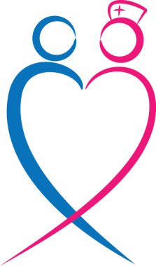 Renkli düz kalp şekilli hemşire ve hasta logosu simgesi beyaz arkaplan, vektör, illüstrasyon