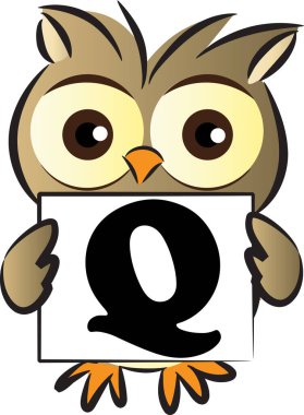 Q harfli şirin baykuş kartı, eğitim konsepti 