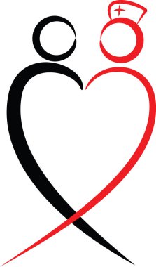 Renkli düz kalp şekilli hemşire ve hasta logosu simgesi beyaz arkaplan, vektör, illüstrasyon