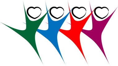 Beyaz arkaplanda kalp logosu olan çizgi film karakterleri izole edildi