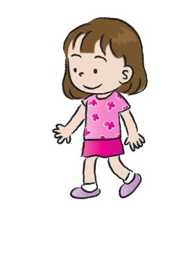 Beyaz arka plan, vektör, illüstrasyon, çocukluk konsepti üzerinde izole edilmiş yaz kıyafetleri içinde küçük tatlı bir kız.  