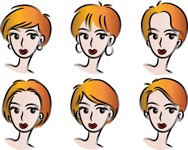 Beyaz arka planda, vektörde, resimde izole edilmiş saç stilleri olan bir dizi güzel kız.