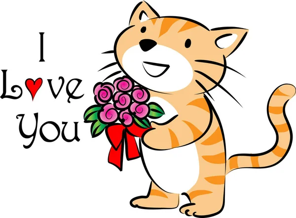 Çiçek buketi tutan sevimli kedi logosu ve beyaz arka planda izole edilmiş seni seviyorum, romantik konsept 