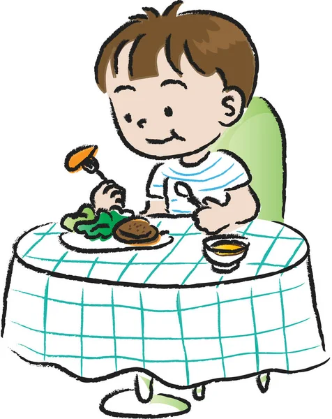 Desenho Animado Preto Branco Ilustração Menino Comendo Almoço —  Vetores de Stock