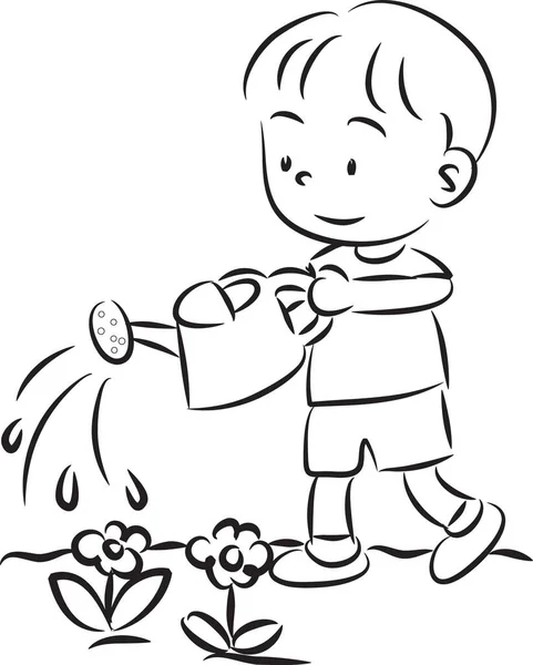 Kreslený Chlapec Zalévání Květiny Zalévání Může Izolované Bílém Pozadí Vektor — Stockový vektor