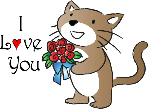 Çiçek buketi tutan sevimli kedi logosu ve beyaz arka planda izole edilmiş seni seviyorum, romantik konsept 