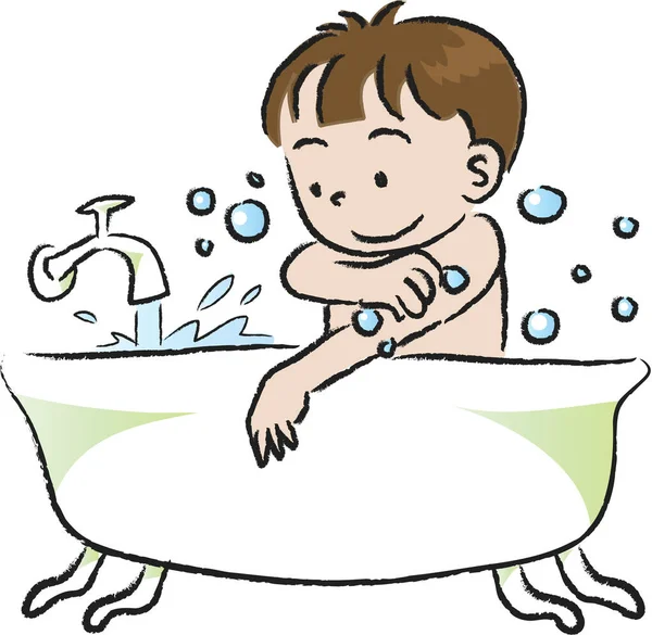 浴室里可爱男孩洗浴的病媒图解 卫生观念 — 图库矢量图片