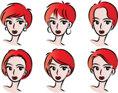 Beyaz arka planda, vektörde, resimde izole edilmiş saç stilleri olan bir dizi güzel kız.