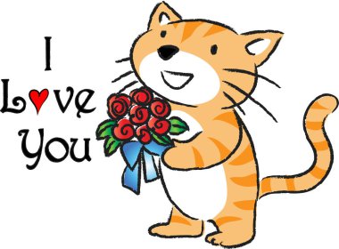 Çiçek buketi tutan sevimli kedi logosu ve beyaz arka planda izole edilmiş seni seviyorum, romantik konsept 