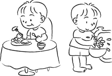 Çizgi filmlerde yemek yiyen ve ellerini yıkayan çocukların resimleri. 