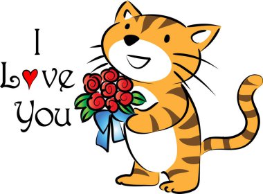 Çiçek buketi tutan sevimli kedi logosu ve beyaz arka planda izole edilmiş seni seviyorum, romantik konsept 