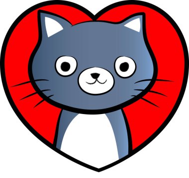 beyaz arka planda izole edilmiş kalbi olan küçük sevimli bir kedi. Romantik bir kavram. 