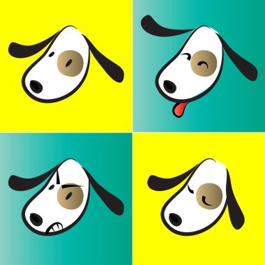 Çizgi filmlerdeki köpek suratları ve duygular. renk vektör illüstrasyon seti