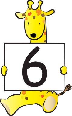 karikatür sevimli zürafa tutuş kartı numara 6, eğitim konsepti  