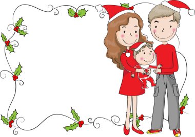 Kırmızı elbiseli bir kız ve bir oğlanla yılbaşı kartı.