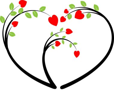 Beyaz arkaplanda ağaç dalları olan renkli düz kalp logosu, 