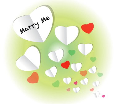 Benimle evlenir misin? Kağıt kalpli, renkli bir kart şablonu. 