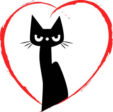 beyaz arka planda izole edilmiş kalbi olan küçük sevimli bir kedi. Romantik bir kavram. 