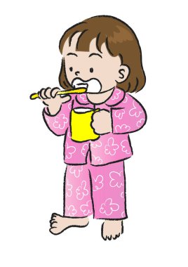 Pijamalı çocuk beyaz dişlerini fırçaladı.