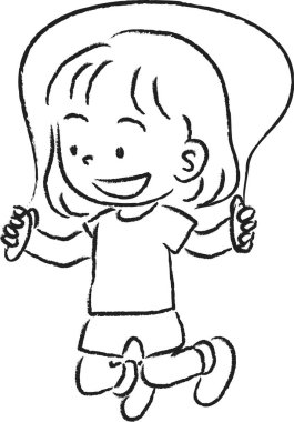 Beyaz arka planda izole edilmiş ip atlayan çizgi film kızı, spor konsepti. 