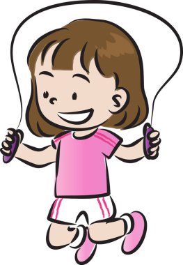 Beyaz arka planda izole edilmiş ip atlayan çizgi film kızı, spor konsepti. 