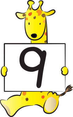 Çizgi film sevimli zürafa elinde 9 numaralı kartla, eğitim konsepti  