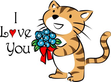 Çiçek buketi tutan sevimli kedi logosu ve beyaz arka planda izole edilmiş seni seviyorum, romantik konsept 