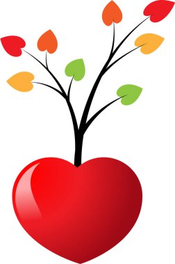 Beyaz arkaplanda ağaç dalları olan renkli düz kalp logosu, 