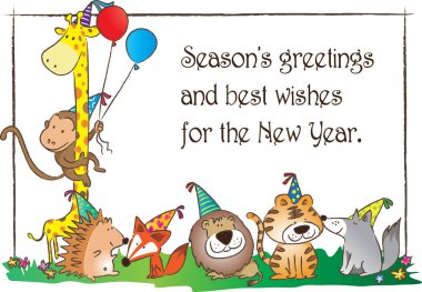 Çizgi film hayvanlarıyla dolu tebrik kartı, mutlu yıllar konsepti. 