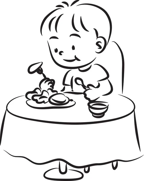 Black White Cartoon Illustration Boy Eating Lunch — Stock Vector