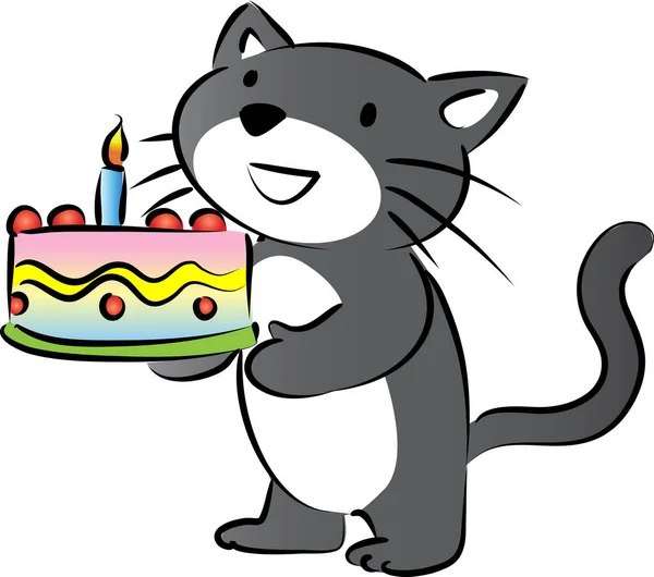 Dessin Animé Mignon Petit Chat Tenant Gâteau Anniversaire Isolé Sur — Image vectorielle