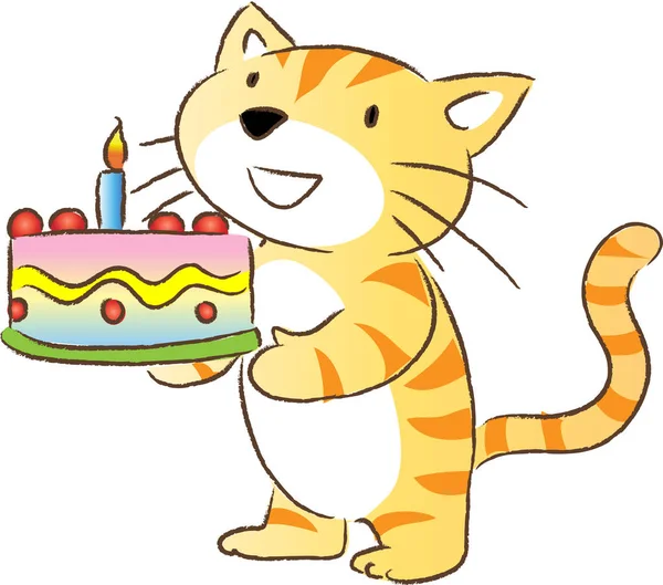 Dessin Animé Mignon Petit Chat Tenant Gâteau Anniversaire Isolé Sur — Image vectorielle