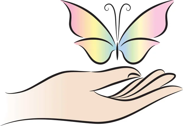 Cartoon Human Hand Holding Beautiful Butterfly Isolated White Background — Stock Vector