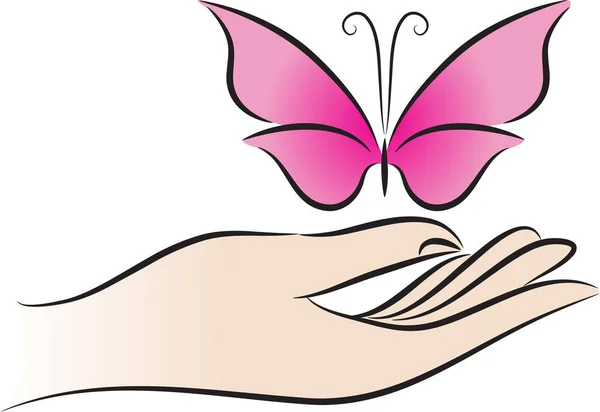 Cartoon Human Hand Holding Beautiful Butterfly Isolated White Background — Stock Vector