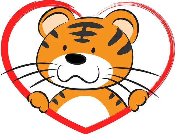 Cartoon Cute Little Tiger Heart Isolated White Background Romantic Concept — Stock Vector