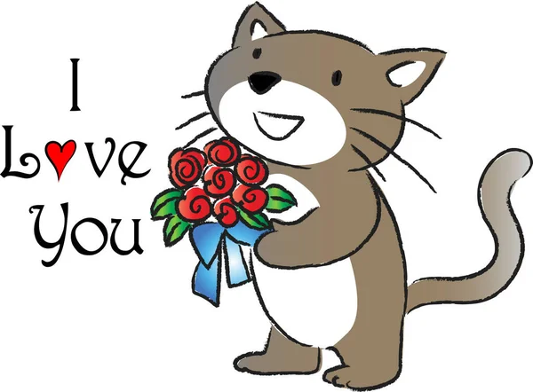 Logo Cute Cat Holding Bouquet Flowers Text Love You Isolated — Stock Vector