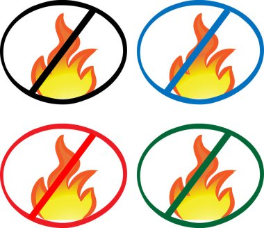 Beyaz arkaplan, vektör, illüstrasyon üzerinde izole edilmiş renkli düz ateş yasaklama işaretleri