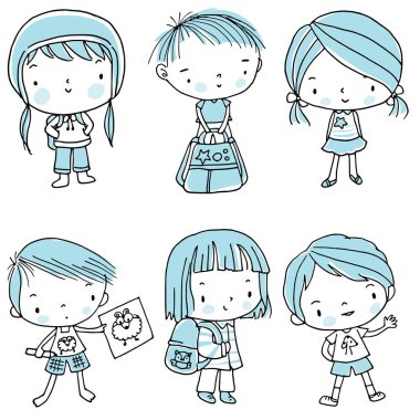  Çizgi film kızları ve erkekleri beyaz arka planda izole edilmiş.