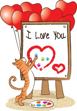 resim sehpasına kalp çizen sevimli kedi. Seni seviyorum, romantik konsept. 