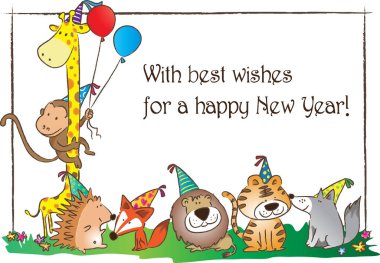 Çizgi film hayvanlarıyla dolu tebrik kartı, mutlu yıllar konsepti. 