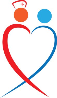 Renkli düz kalp şekilli hemşire ve hasta logosu simgesi beyaz arkaplan, vektör, illüstrasyon