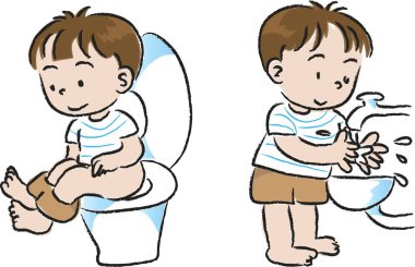 Tatlı çocukların el yıkama ve klozette oturmalarının vektör çizimi