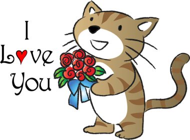 Beyaz arka planda izole edilmiş çiçek buketi tutan sevimli kedi logosu, romantik bir kavram. 