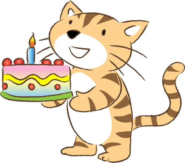 Dessin Animé Mignon Petit Chat Tenant Gâteau Anniversaire Isolé Sur — Image vectorielle