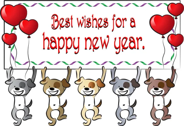 karikatür sevimli köpekler kalp balonları ve yeni yıl için selamlama mesajı ile kart tutuyorlar.      